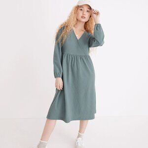 Madewell XL Long-Sleeve V-Neck Crossover Midi Dress Faded Shale Green Rib Knit
